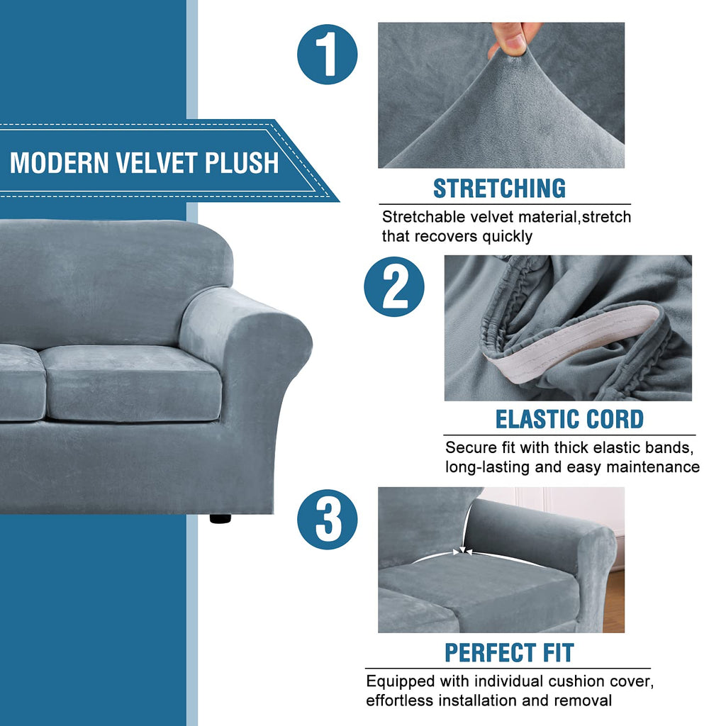 H.VERSAILTEX Real Velvet Plush 3 Piece Stretch Sofa Covers Couch Covers for 2 Cushion Couch Sofa Slipcovers Width Up to 90 Inch Feature Thick Soft Stay in Place (Large Sofa, Stone Blue)