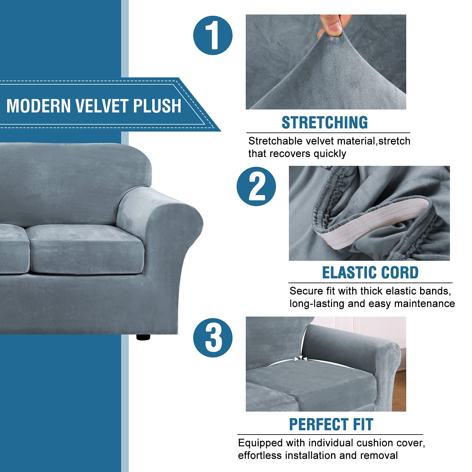 H.VERSAILTEX Real Velvet Plush 3 Piece Stretch Sofa Covers Couch Covers for 2 Cushion Couch Sofa Slipcovers Width Up to 90 Inch Feature Thick Soft Stay in Place (Large Sofa, Stone Blue)