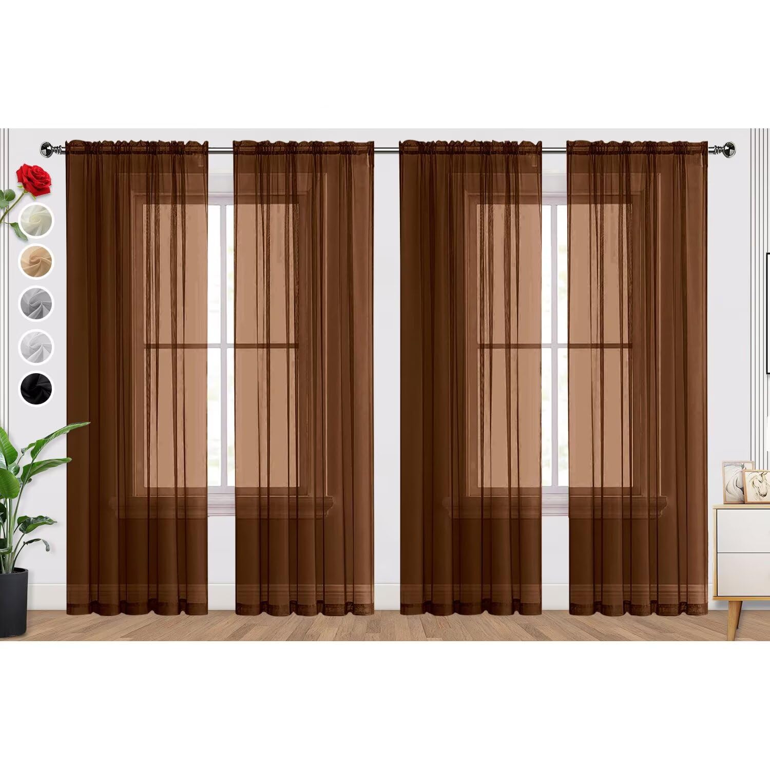 SpaceDresser Brown Sheer Curtains 4 Panels Rod Pocket Semi-Sheer Curtain 90 Inches Long Light Filtering Voile Window Drapes for Bedroom Living Room Kitchen, Each 52W x 90L