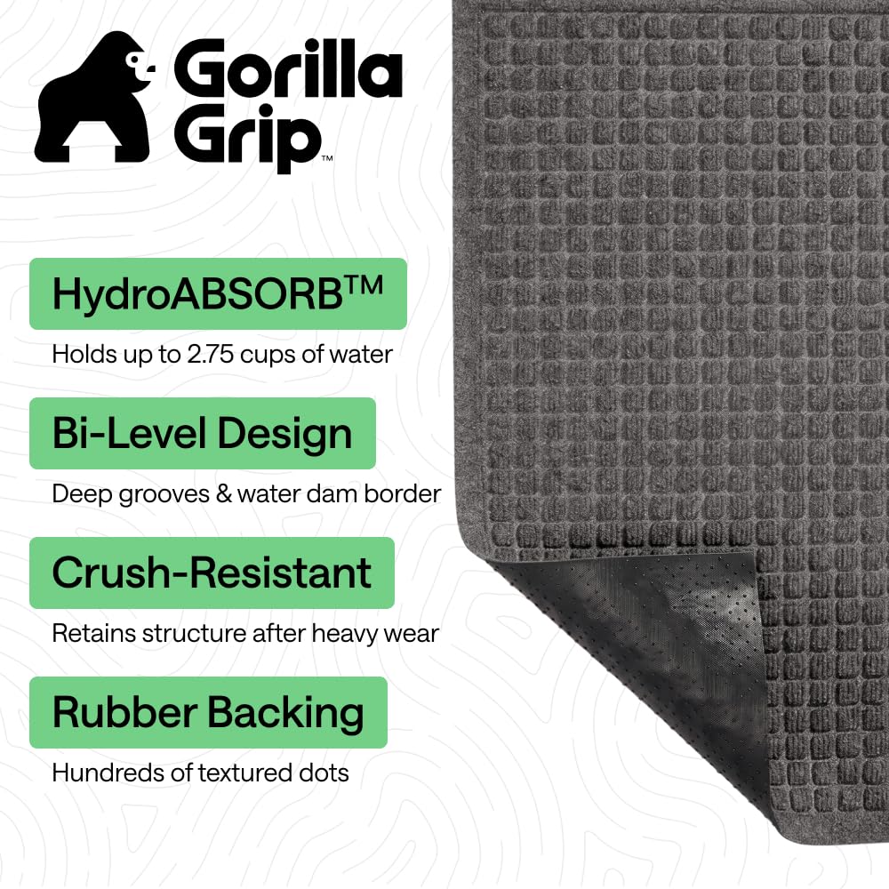 GORILLA GRIP® Ultra Absorbent Front Door Mat Outside Entrance, 72x24, Traps Dirt and Moisture, HydroABSORB Indoor Outdoor Doormat Holds 2.75 Cups Water, Stain and Fade Resistant Welcome Mat, Charcoal