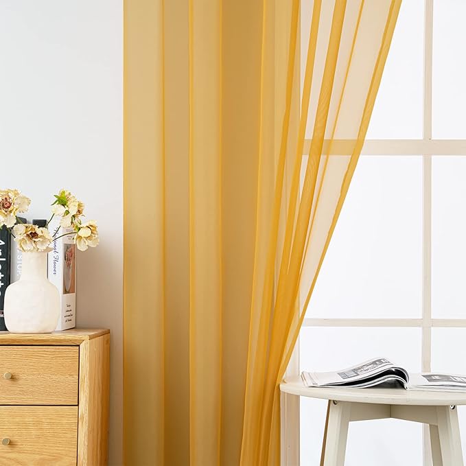 MIULEE 2 Panels Solid Color Sheer Window Curtains Elegant Window Voile Fall Panels/Drapes/Treatment for Bedroom Living Room (54X96 Inches Gold)