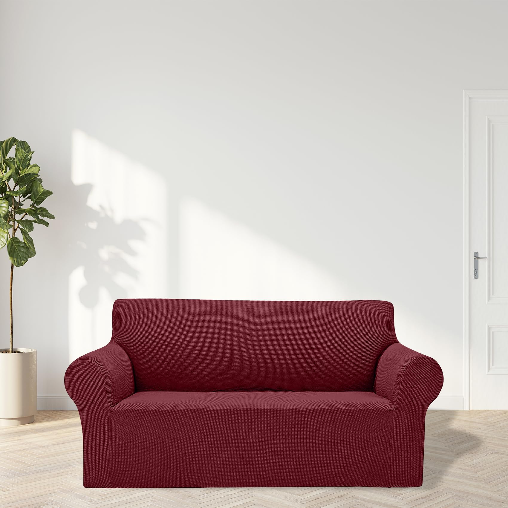 Cupuamon 2026 New Stretch Loveseat Sofa Slipcovers Couch Cover for 2 Cushion Furniture Protector Sofa Covers with Elastic Bottom Jacquard Fabric Small Checks for Pets, Kids - Dark Red