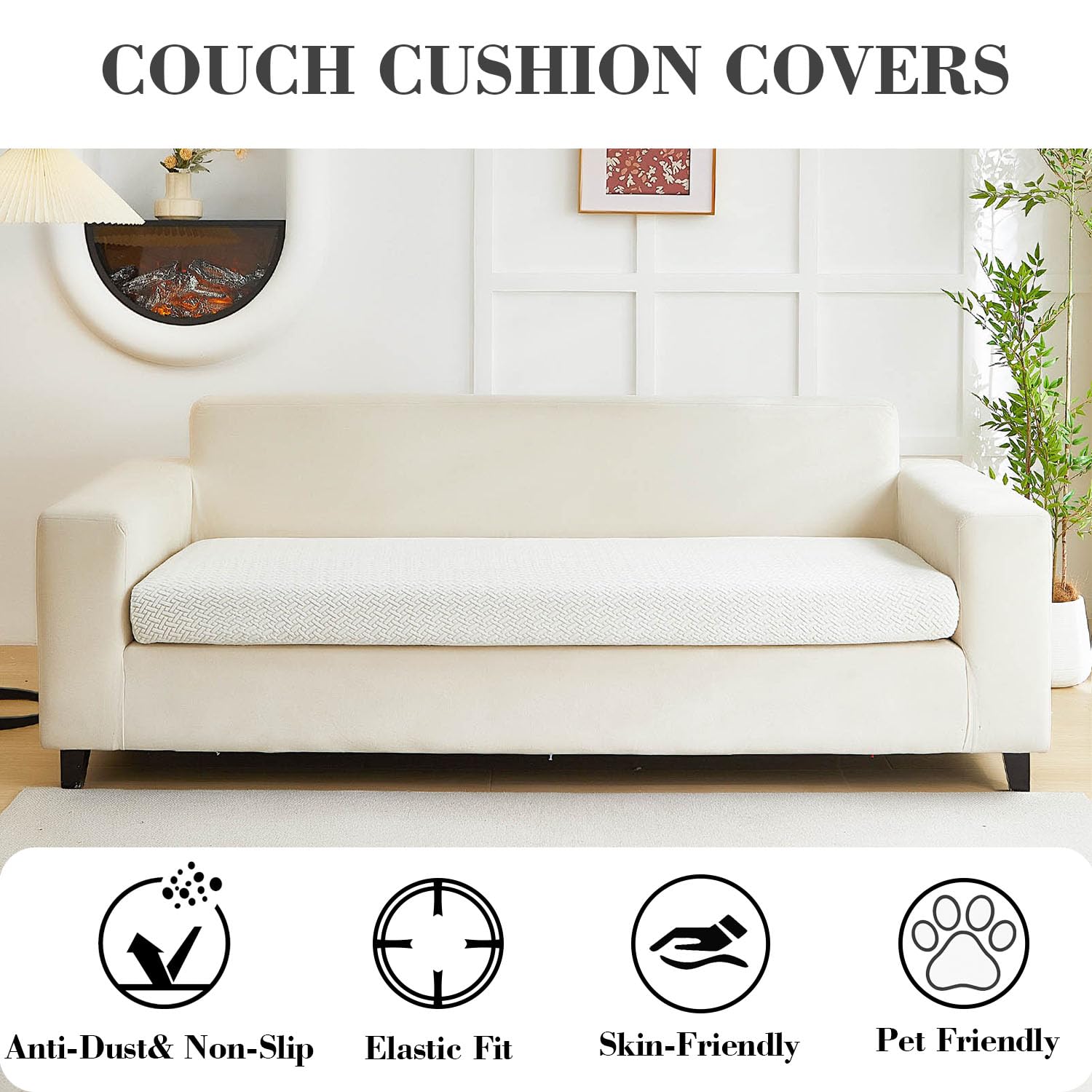 Disayu Couch Covers for 3 Cushion Sofa Pet Friendly Couch Cushion Covers Universal Sofa Covers Washable Stretch Slipcovers for Sectional Sofa (Texture Ivory White,Large Triple Seat Cover)
