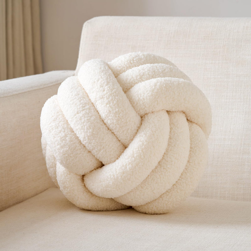 Uvvyui Knot Pillow Ball, Soft Home Decorative Round Throw Pillow, Handmade Knotted Plush Pillow, Round Boucle Pillow Cushion (8.6 Inches Ivory)