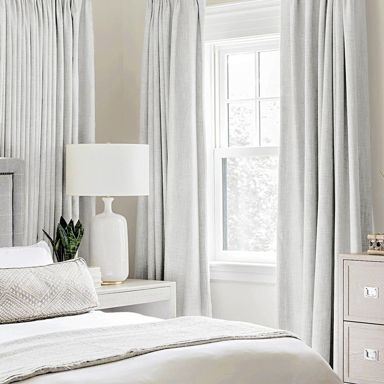 MIULEE 100% Blackout Linen Curtains for Bedroom 52x54 Inch Heathered White