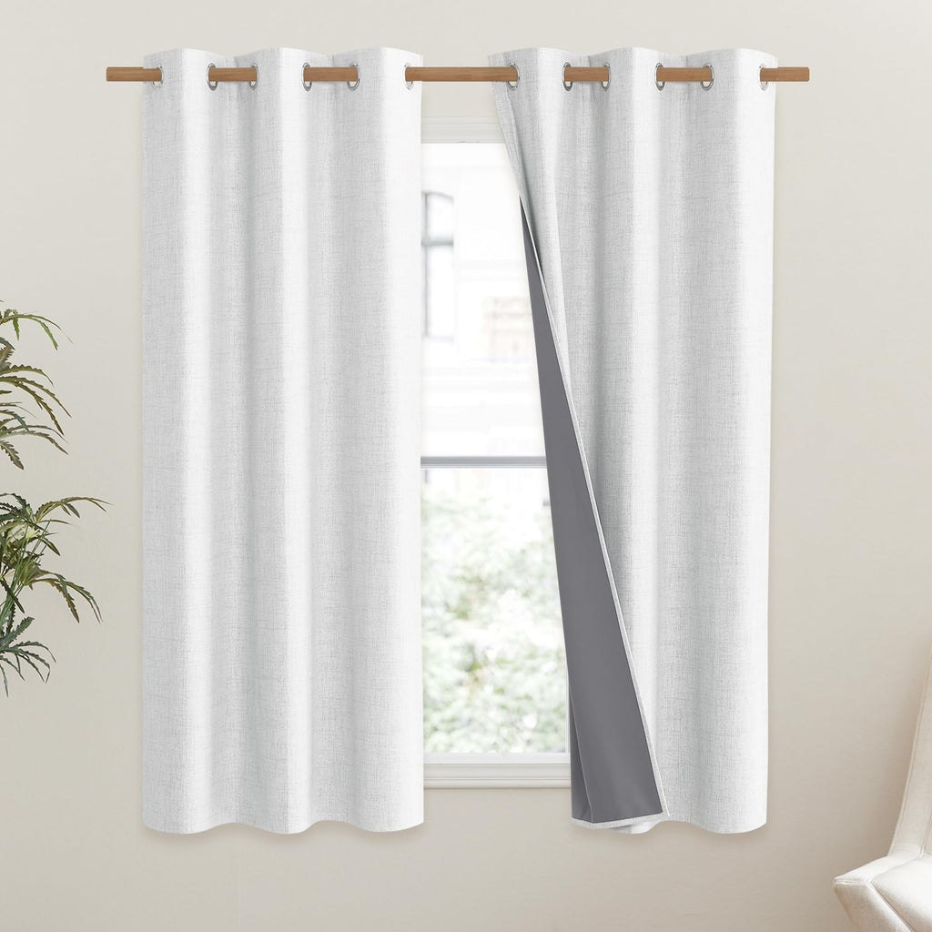 NICETOWN 100% Absolutely Blackout Linen Curtains with Thermal Insulated Liner, Greyish White, 42" Wide, 54" Length Energy Saving Curtains for Dining Room 2 Panels Set, Vertical Blinds
