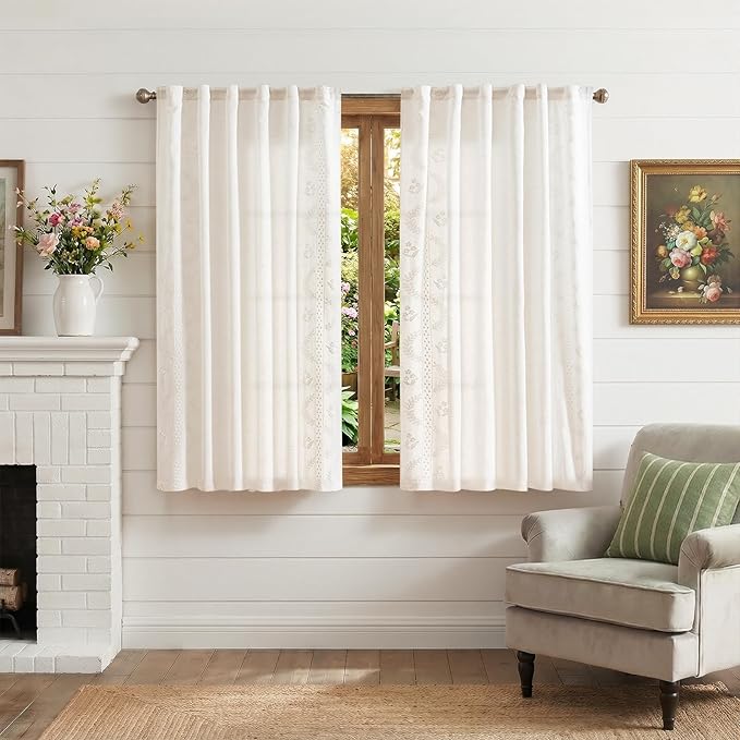 jinchan Belrose Linen Floral Cafe Curtains 45 Inch Length Embroidered Farmhouse Curtains for Kitchen Bedroom Bathroom Small Windows Curtain Set Light Filtering 2 Panels White