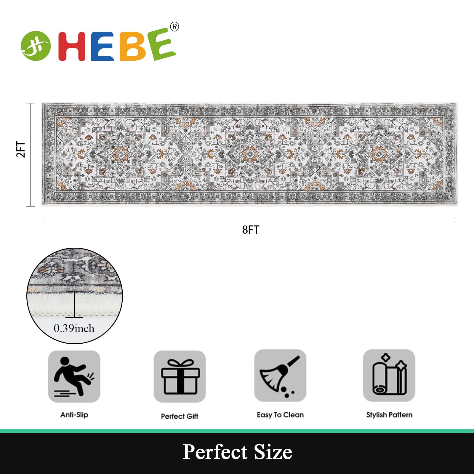HEBE Hallway Runner Rug 2'x8', Washable Non Slip Kitchen Rug Runner