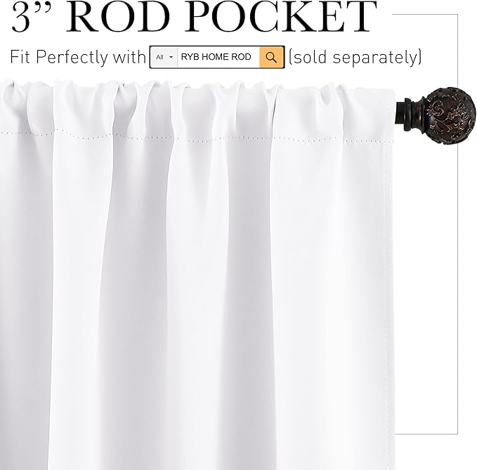 RYB HOME French Door Window Curtain Covering, Rod Pocket Thermal Insulated Privacy Non See Through Drapes for Bathroom Window, Width 29 by Length 45, Pure White, 2 Panels