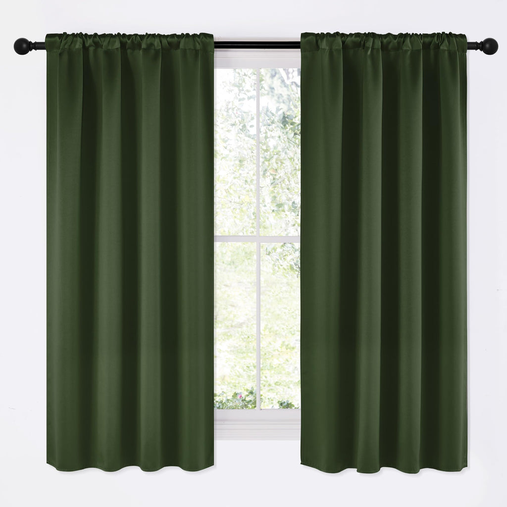 NICETOWN Dark Green Blackout Cafe Satin Curtains for Small Windows, 42" Wide by 63" Long, 2 Panels, Rod Pocket Noise Reducing Faux Silk Blackout Drapes for Dining Room