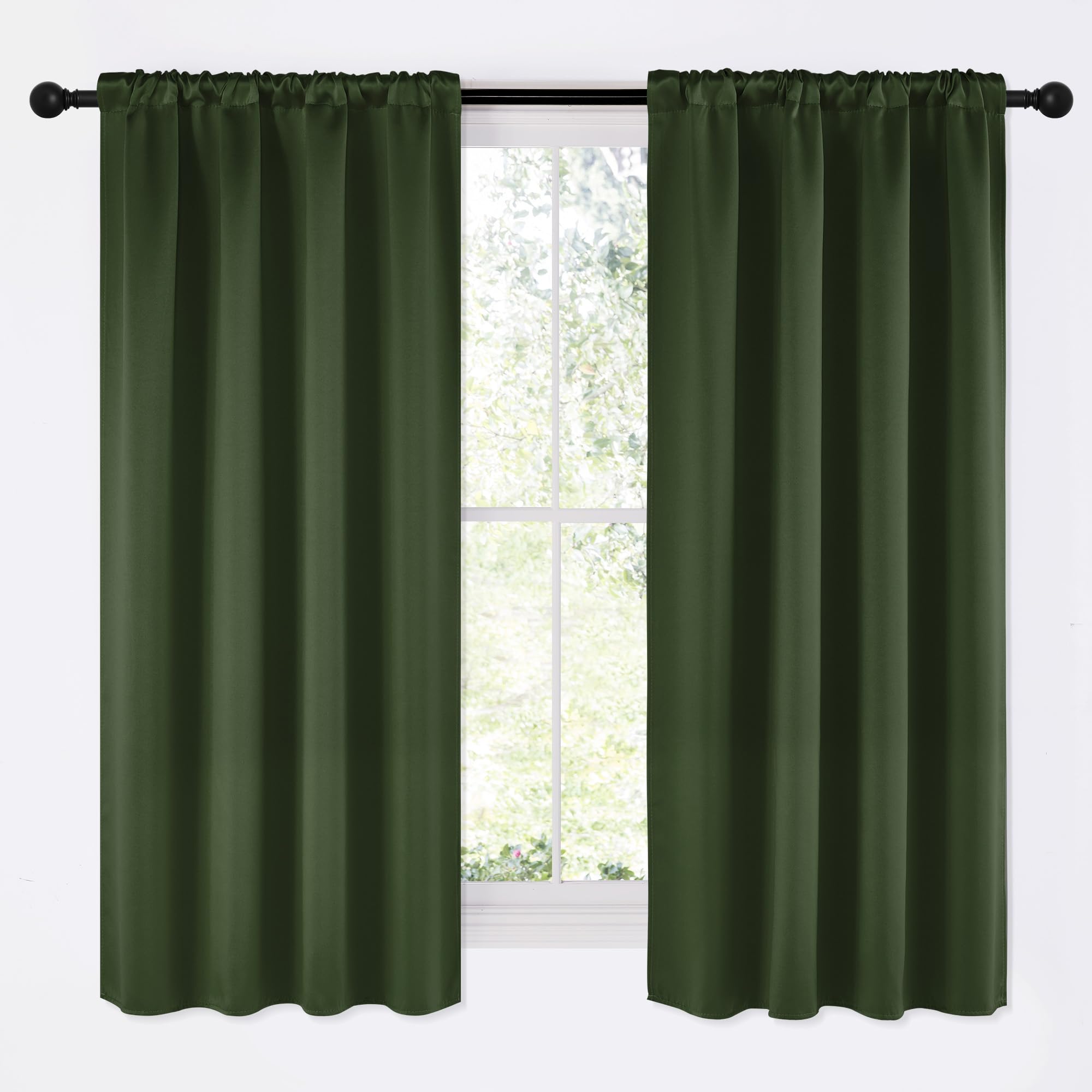 NICETOWN Dark Green Blackout Cafe Satin Curtains for Small Windows, 42" Wide by 63" Long, 2 Panels, Rod Pocket Noise Reducing Faux Silk Blackout Drapes for Dining Room