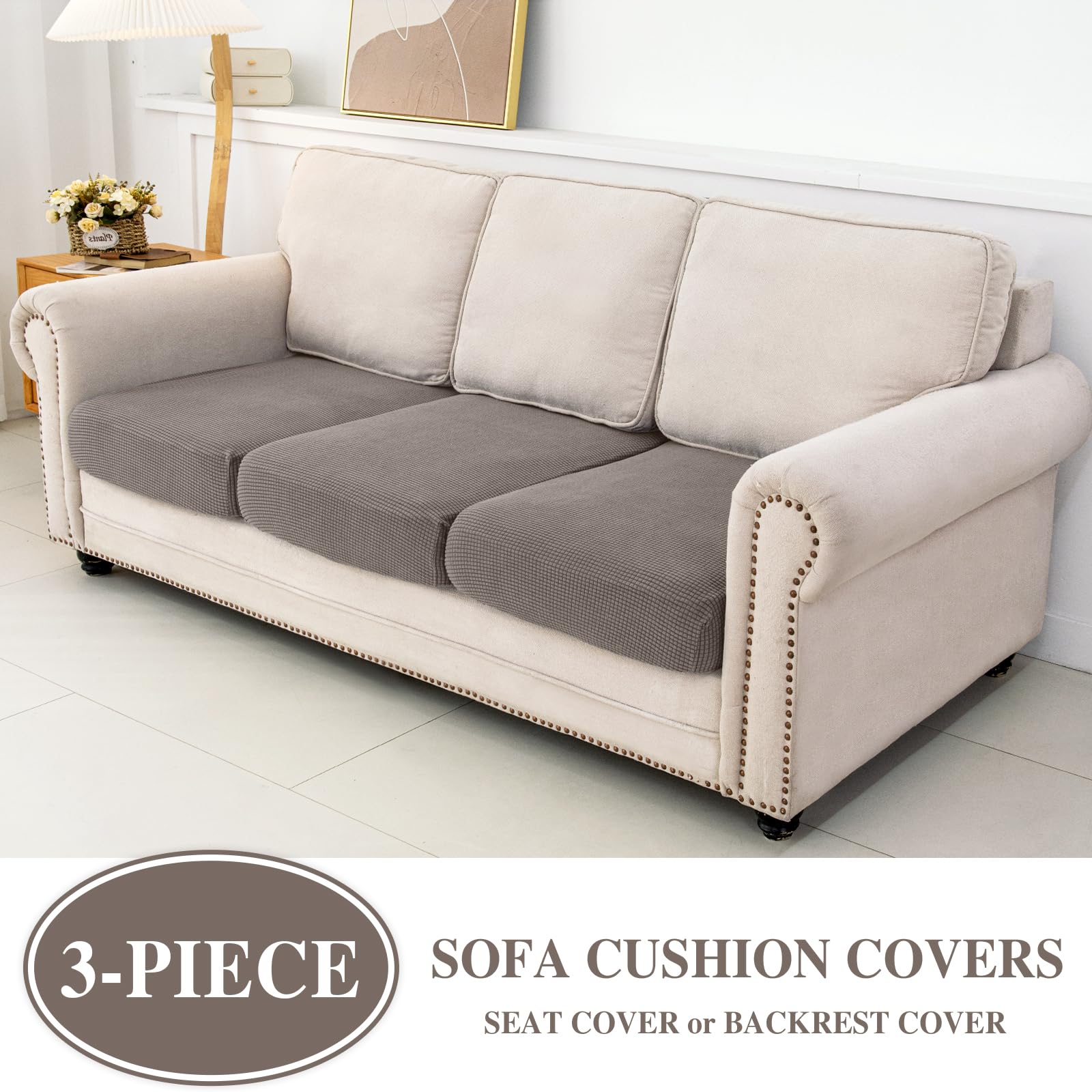 LA MEACK Couch Cushion Covers Seat Cushion Cover Stretch Couch Cover Separate Sectional Sofa Slipcovers Furniture Protector(3 Pieces for Seat or Sofa Backrest, Taupe)