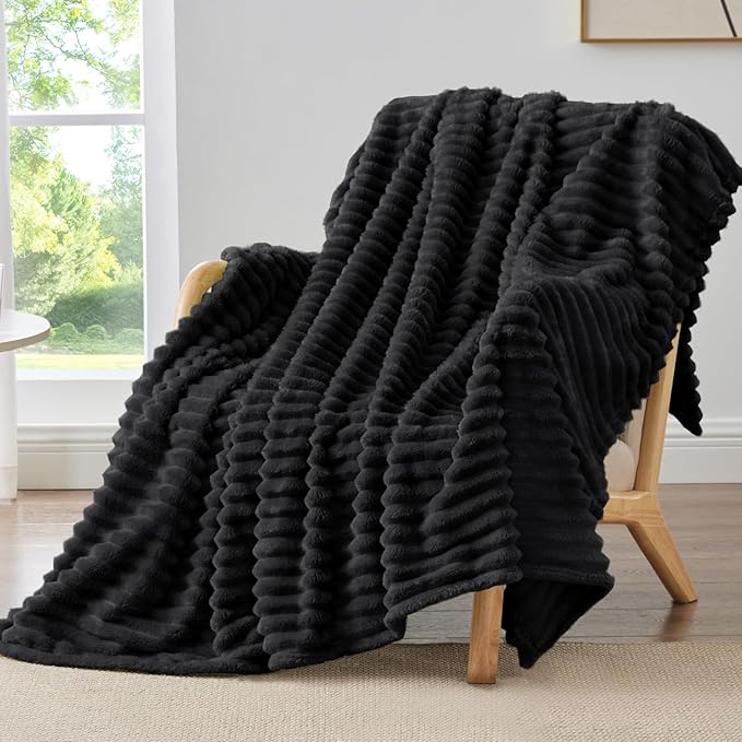 BEDELITE Ribbed Fleece Throw Blanket for Couch, Black, 50"x70"