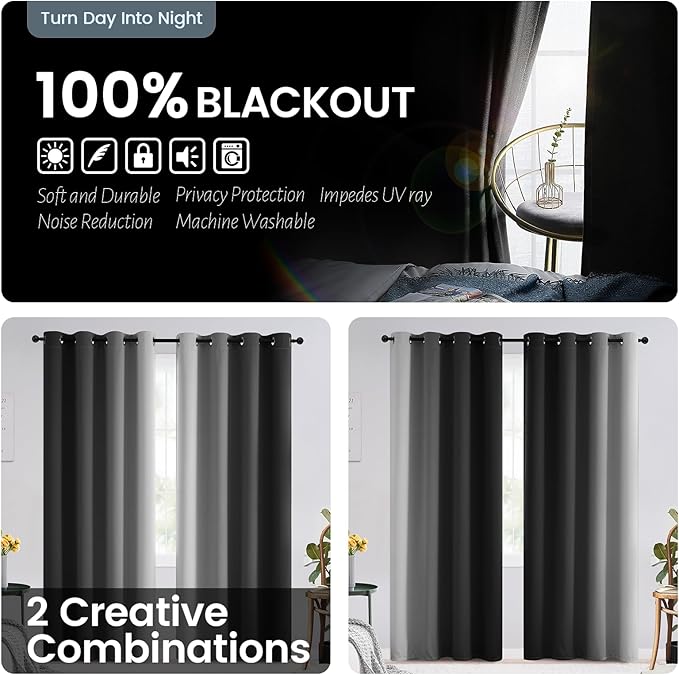 SimpleHome Ombre 100% Blackout Curtains for Bedroom 84 Inches Long, Black with White Liner Room Darkening Thermal Insulated Grommet Curtain/Drapes for Living Room,2 Panels Set