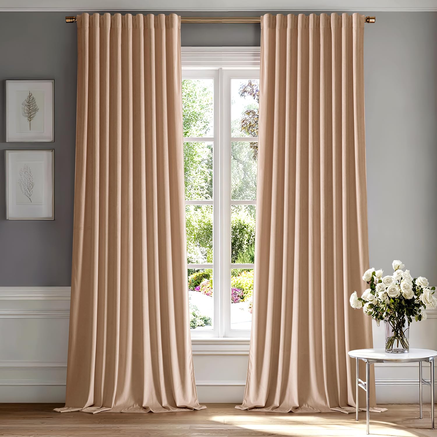 MIULEE Blush Beige Velvet Curtains 52x90 inches Luxury Blackout Curtains