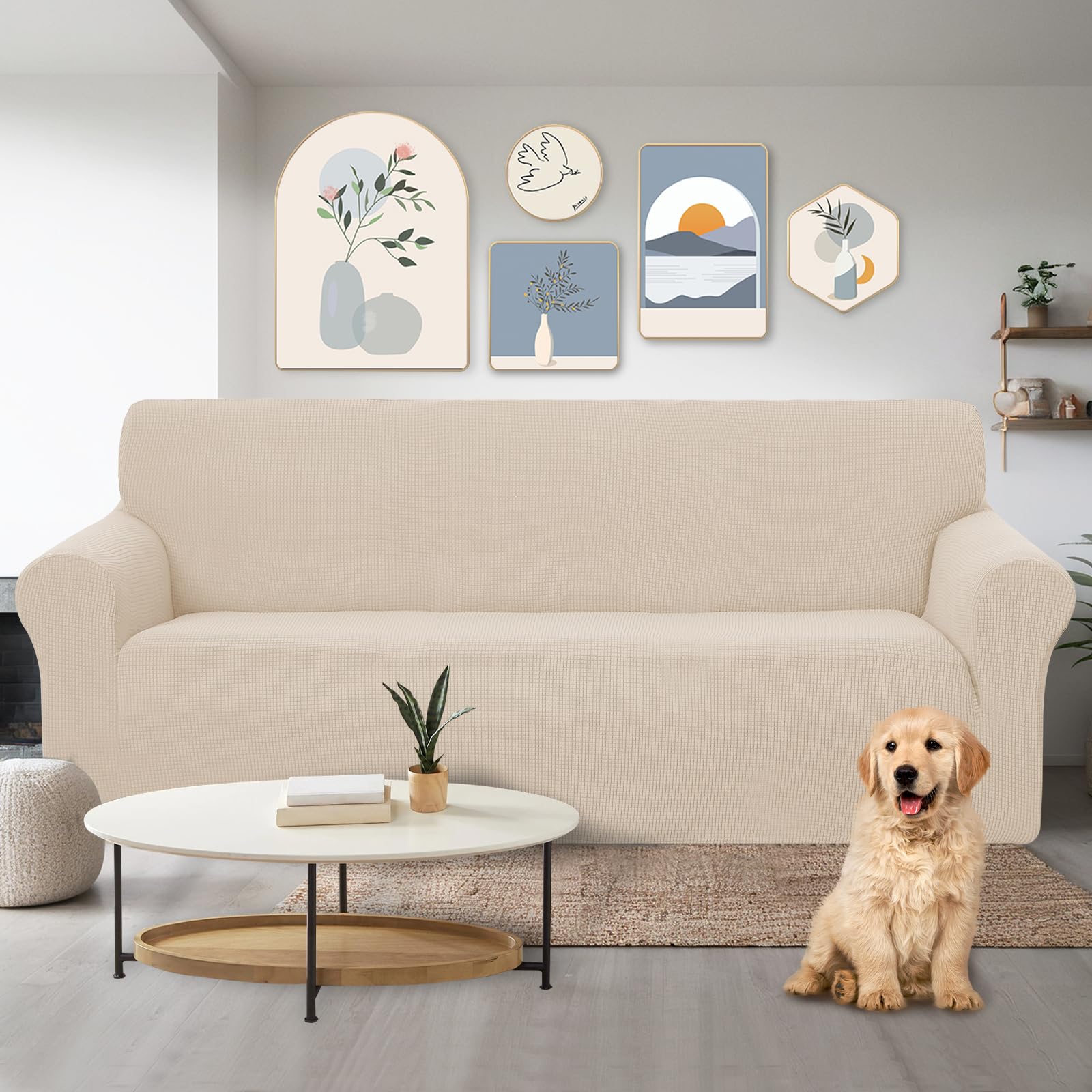 U-NICE HOME Stretch Couch Cover Slipcover for 3 Cushion Sofa, Beige