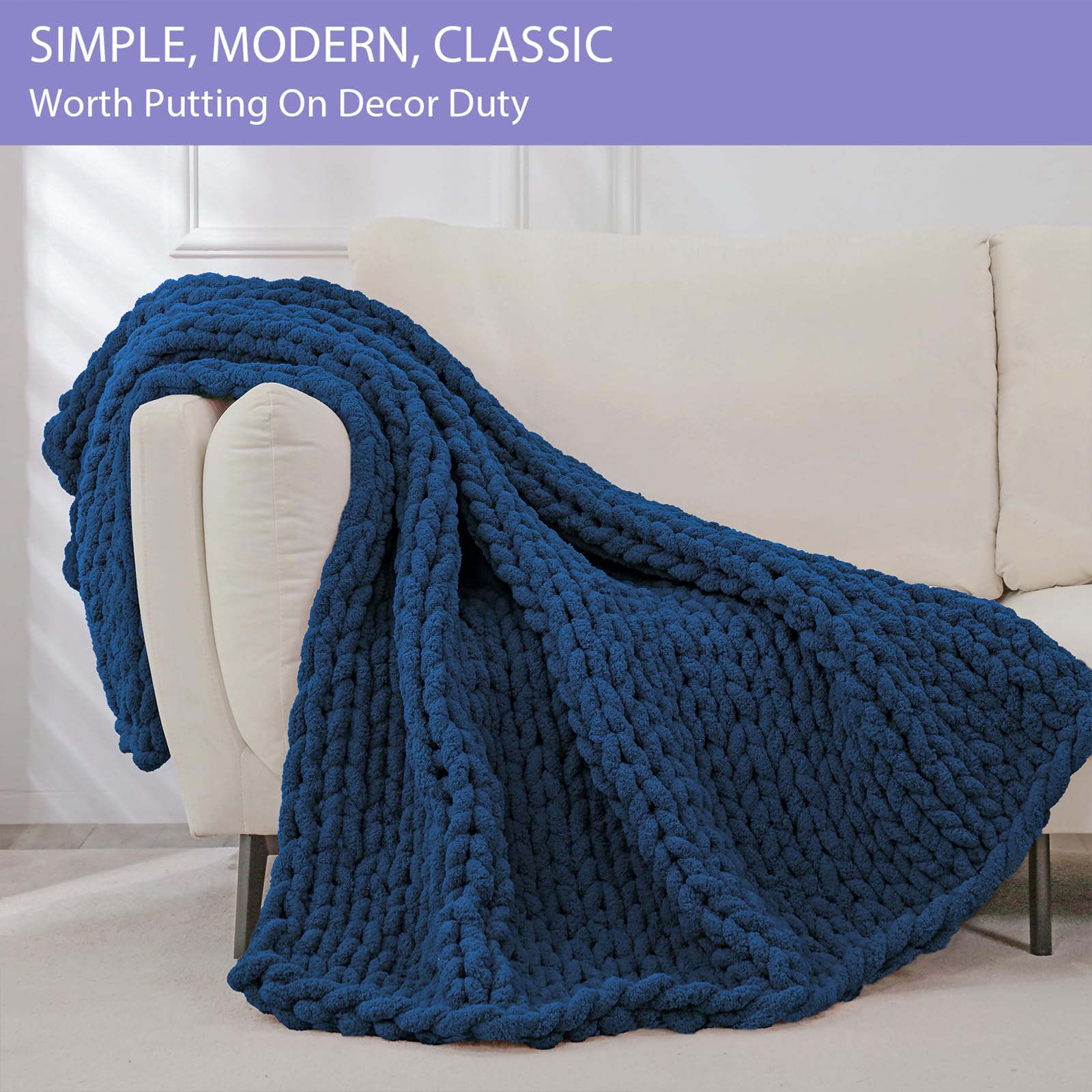 Bigacogo Chunky Knit Throw Blanket for Couch, 40x80 inches, Navy Blue