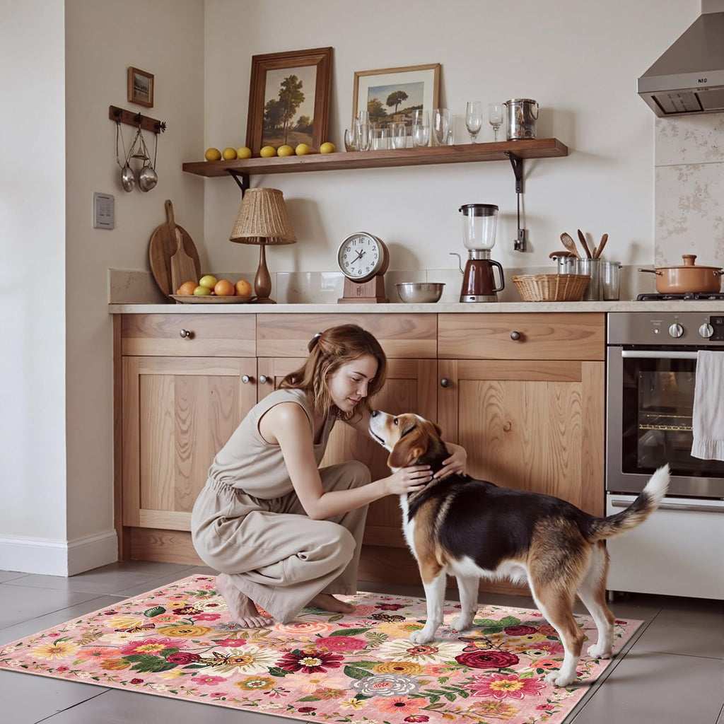 Babovid Pink Floral Hallway Runner Rug 2x4 for Bedroom Kitchen