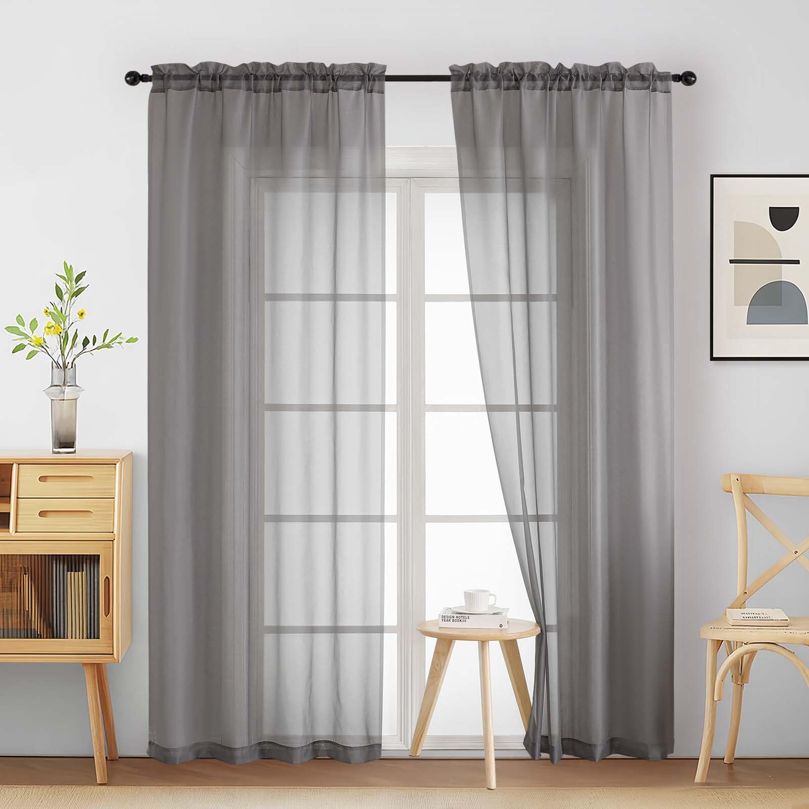 Ebesto Grey Sheer Curtains 90 Inches Long 2 Panels, Light Filtering Solid Sheer Curtains for Bedroom Living Room, Lightweight Soft Airy Sheer Drapes, Dual Rod Pocket, Charcoal Grey, 2x42Wx90L Inches
