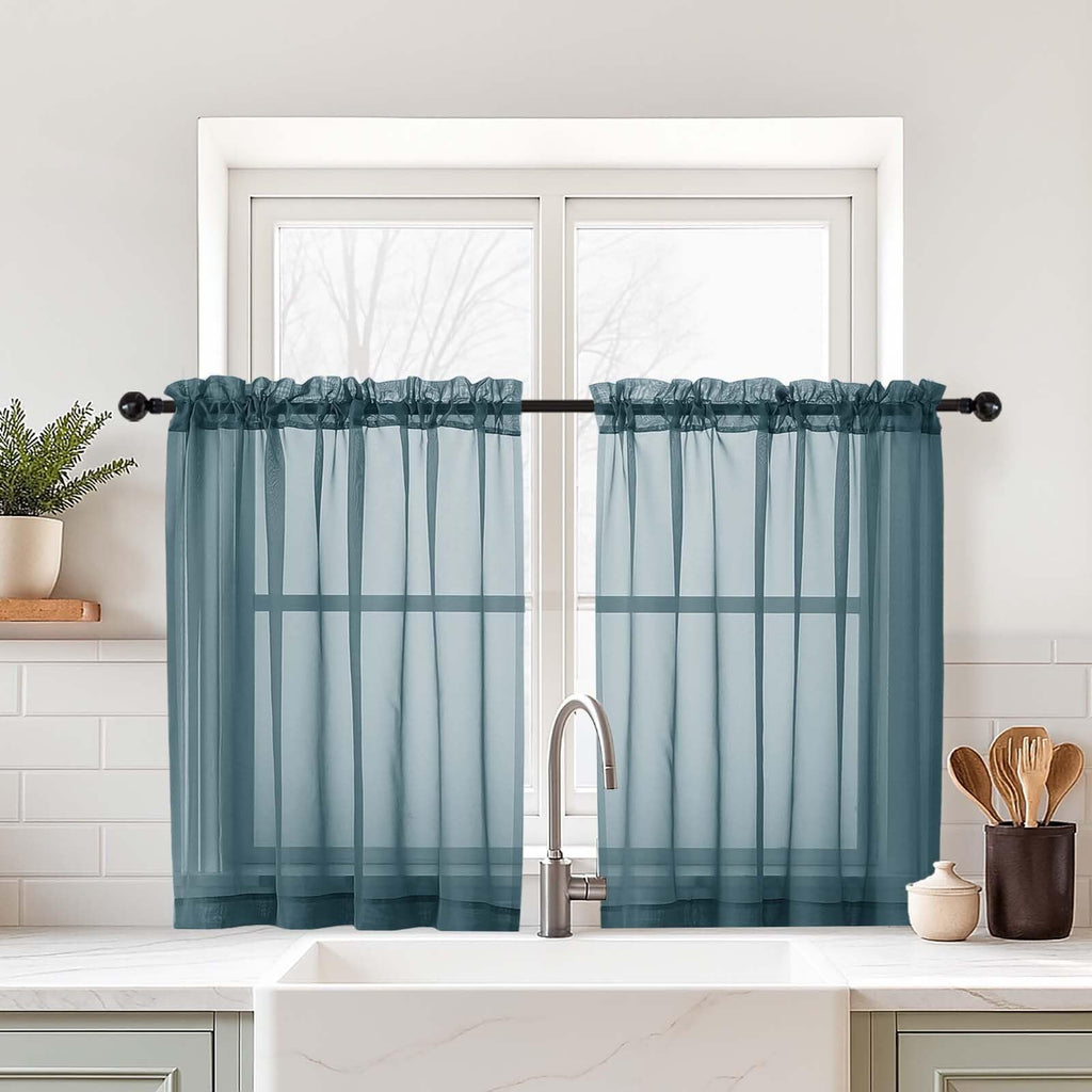 Ebesto Small Sheer Curtains Tier 24 Inches Length 2 Pieces, Light Filtering Cafe Curtains for Living Room Bathroom, Modern Window Treatments Dual Rod Pocket Panels, Dusty Blue, 2X42Wx24L Inches