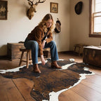 AROGAN Western Decor Faux Fur Cowhide Rug, 5.2x6.3 Feet Premium Animal Skin Cow Hide Rug, Sturdy Cow Print Rugs for Wall Decor, Western Floor Carpet for Bedroom Living Room, Black and Brown