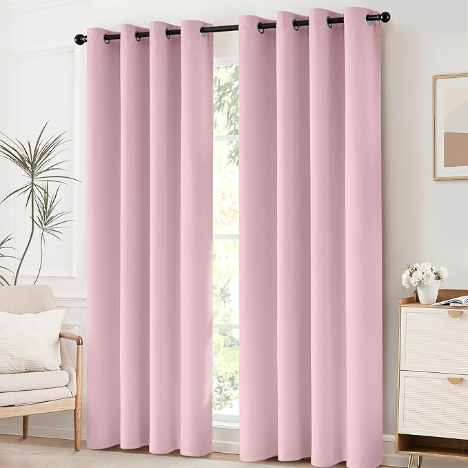 Yakamok Blackout Curtains Room Darkening Thermal Insulated Window Panels,Solid Grommet Top Drapes for Bedroom(52x63 Inch, Pink, 2 Panels)