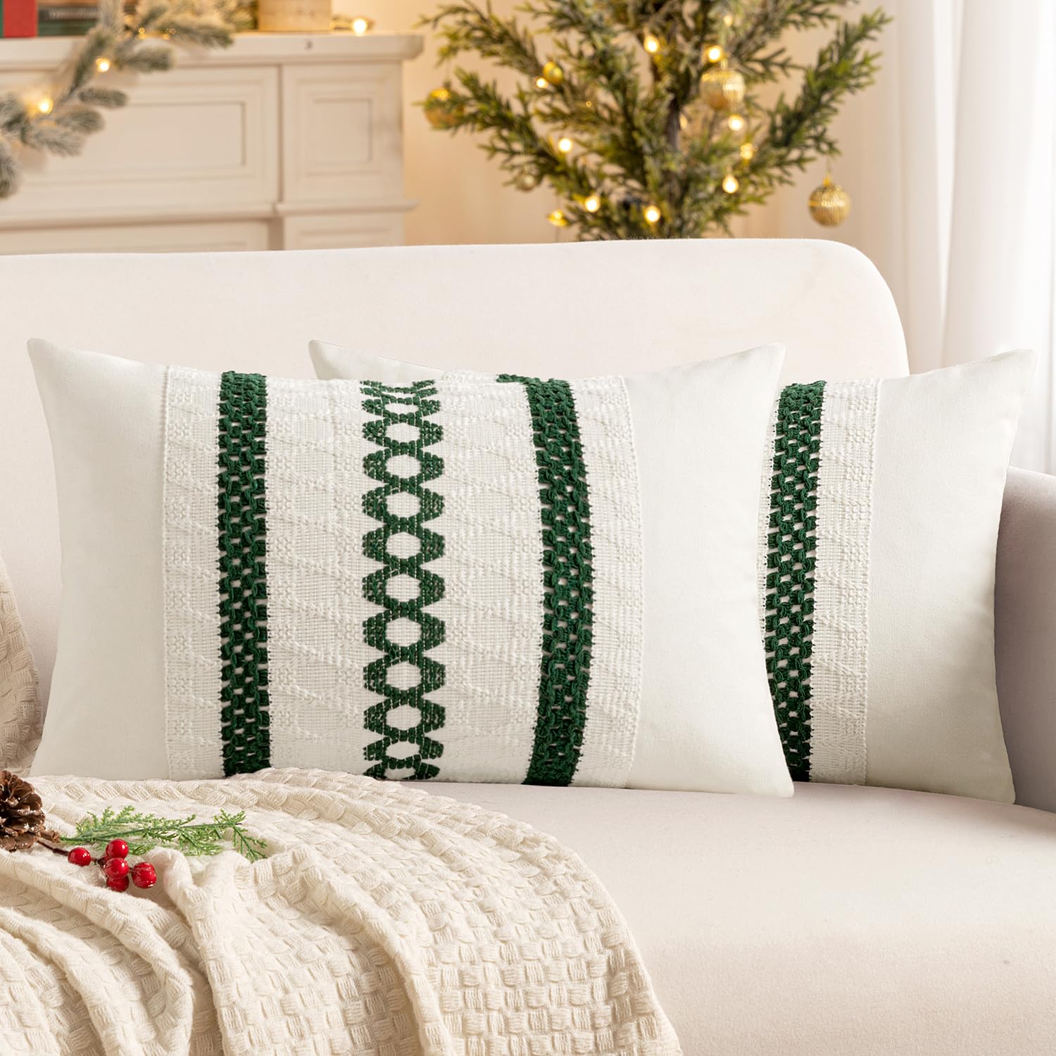 MIULEE Set of 2 Dark Green Boho Decorative Lumbar Pillow Covers 12x20 Inch