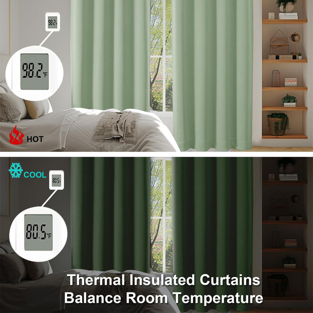 Simplebrand Ava Light Green Blackout Curtains for Bedroom 63 Inch Length 2 Panels Set, Solid Thermal Insulated Energy Saving Rod Pocket Window Treatment Curtains Blackout Drapes, W40 x L63 Inch