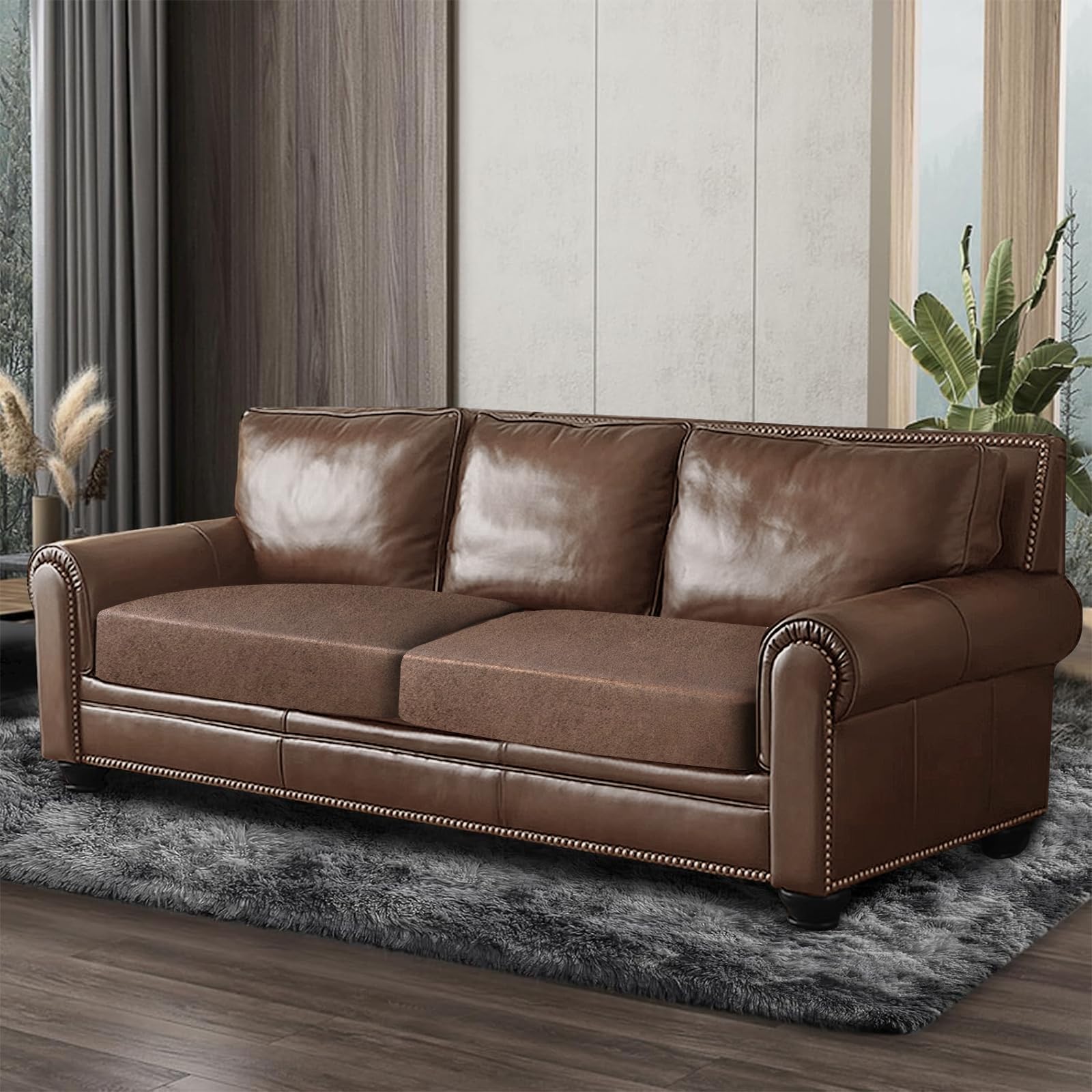 ANARACHON Leather Look Couch Cushion Covers Sofa Seat Slipcovers Sets Couches Furniture Protector for Sectional Armchair Loveseat Pets Kids Stretch Spandex Fabric (2 Cushion Sofa, Brown)