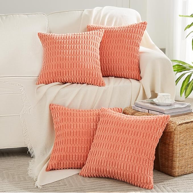 Fancy Homi 4 Packs Decorative Throw Pillow Covers for Living Room Couch Bed, Modern Farmhouse Boho Home Décor Accent Cushion Case, 18" x 18", Coral