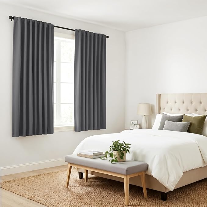 PONY DANCE Gray Short Blackout Curtains for Bedroom, Back Tab & Rod Pocket Solid Thermal Insulated Light Blocking Drapes for Kitchen/Bathroom/Basement Small Window, 42 W x 45 L, Grey, 2 Panels