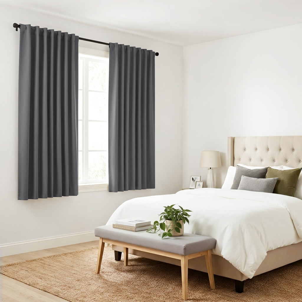 PONY DANCE Gray Short Blackout Curtains for Bedroom, Back Tab & Rod Pocket Solid Thermal Insulated Light Blocking Drapes for Kitchen/Bathroom/Basement Small Window, 42 W x 45 L, Grey, 2 Panels