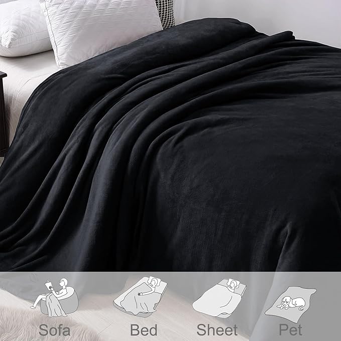 Exclusivo Mezcla Fleece Blankets Queen Size for Bed, Super Soft and Warm, All Season, Cozy, Plush, Lightweight, 90x90 Inches, Black