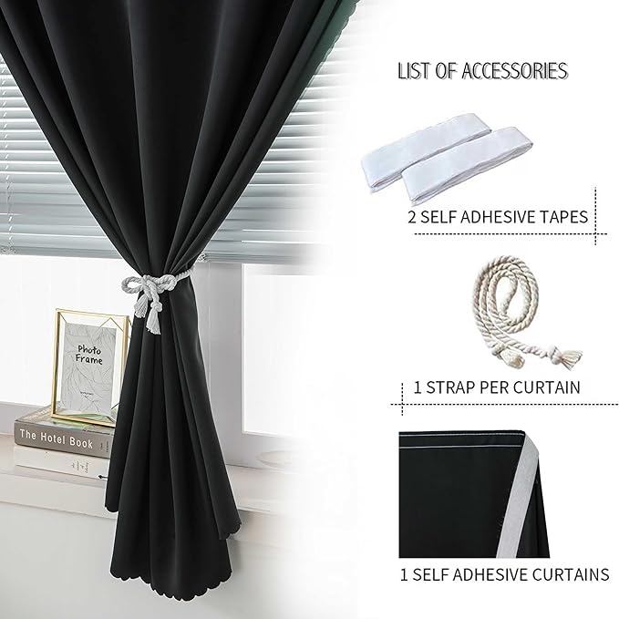 Sovtfides Adhesive Blackout Curtains- Self Stick Curtain No Rod Needed Easy to Hang Curtain, Use for Bedroom, Living Room, Dining Room, Kitchen, 59" W X 96" L, Black, 1 Panel