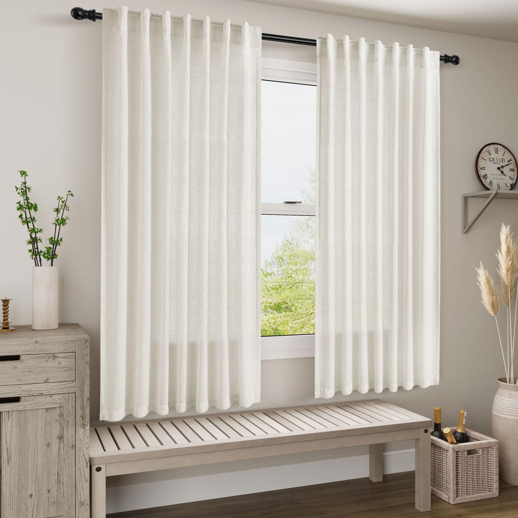 Cream Linen Back Tab Pocket Curtains 60 Inch Length for Living Room 2 Panel Set Neutral Modern Farmhouse Window Curtain Semi Sheer Light Filtering Privacy Drapes for Bedroom Natural Ivory 52x60