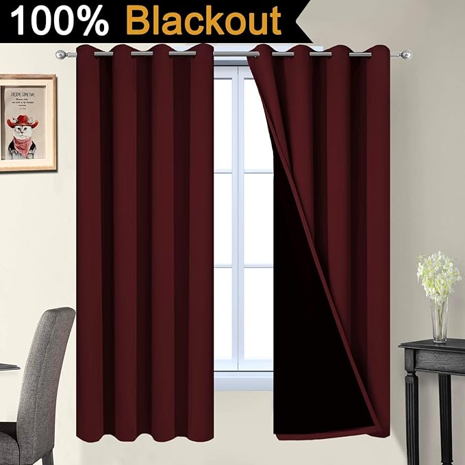 Yakamok Burgundy Red Blackout Curtains 63 Inches Long for Bedroom 52" Wide