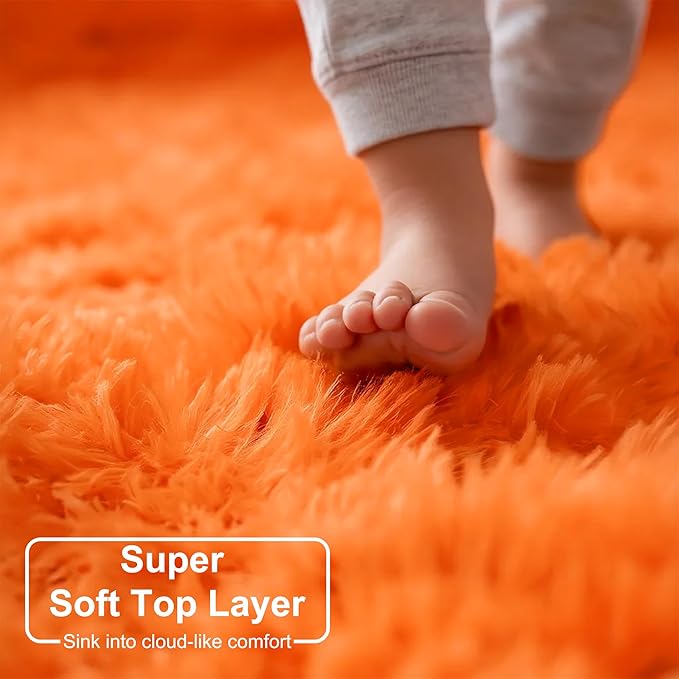 Amdrebio Orange Round Circle Rug 5Ft for Bedroom Living Room, Fluffy Fuzzy Shaggy Area Rugs for Kids Room Decor Aesthetic, Cute Furry Plush Shag Carpet for Baby Nursery Dorm Playroom, Teen Girls Boys