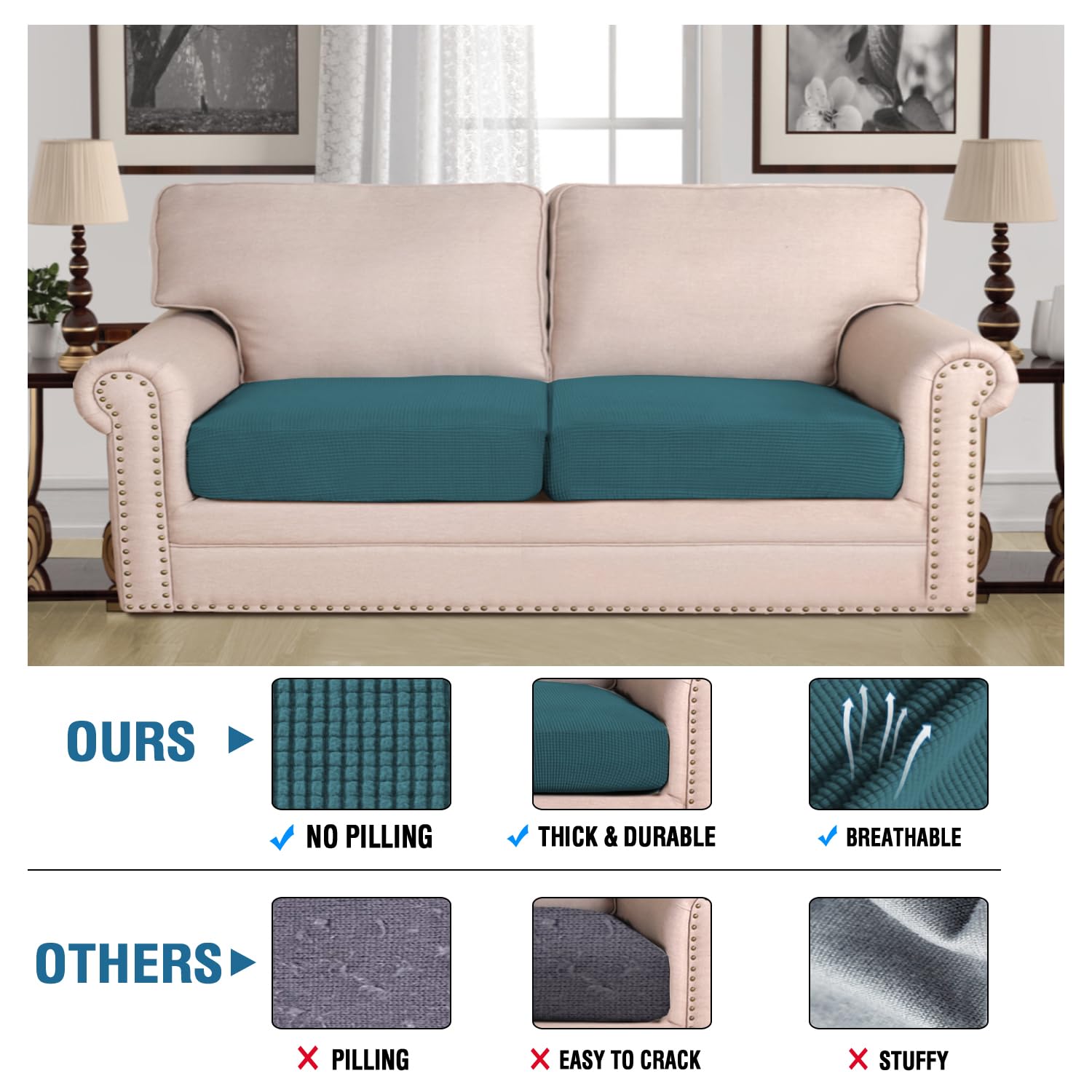 H.VERSAILTEX Super Stretch Individual Seat Covers - Sofa & Couch Cushion Slipcover Sets (Thick Jacquard Textured Twill Fabric, Deep Teal) - 2 Piece Large