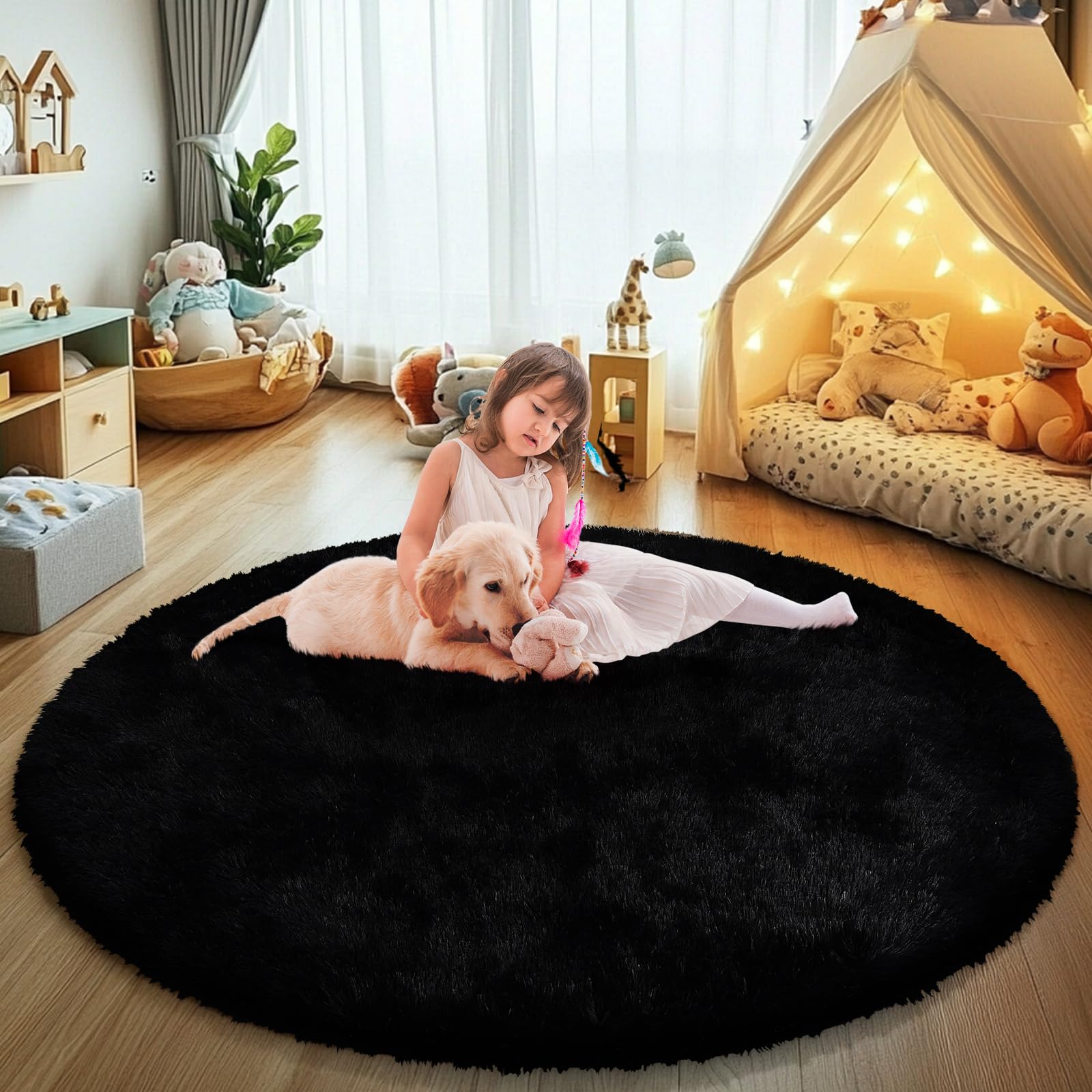 Black Fluffy Round Area Rugs for Bedroom,3'X3'Shag Circle Small Area Rugs