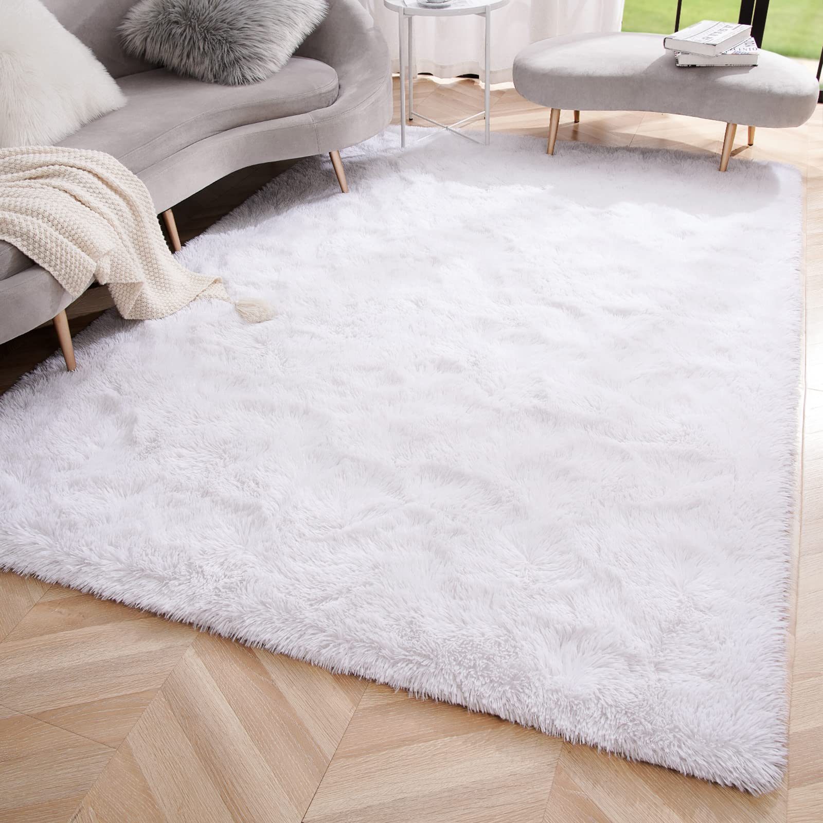 Amearea Premium Soft Fluffy Rug Modern Shag Carpet, White 5.3x7.5 Feet