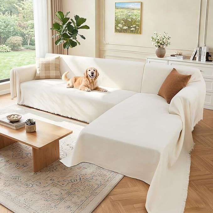 Houmiggle 2 Pieces Sectional Couch Covers L Shaped Cover XL Cream White
