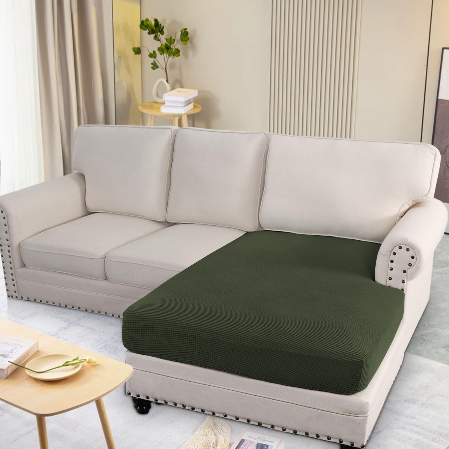 H.VERSAILTEX Super Stretch Individual Chaise Cover Sectional Couch Covers for L Shaped Sofa Both Left/Right Featuring Thick Jacquard Textured Twill Fabric (1 Piece Chaise Cover, Olive)