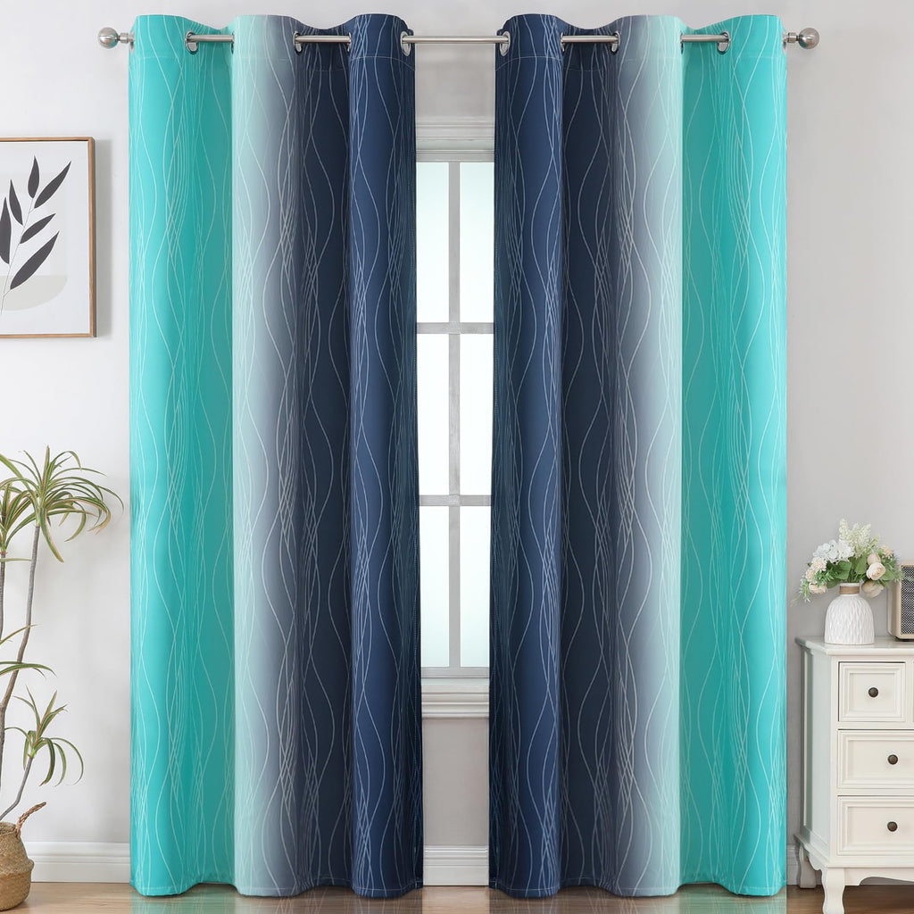 Navy Blue and Teal Gradient Blackout Curtains for Living Room 84 Inch Long