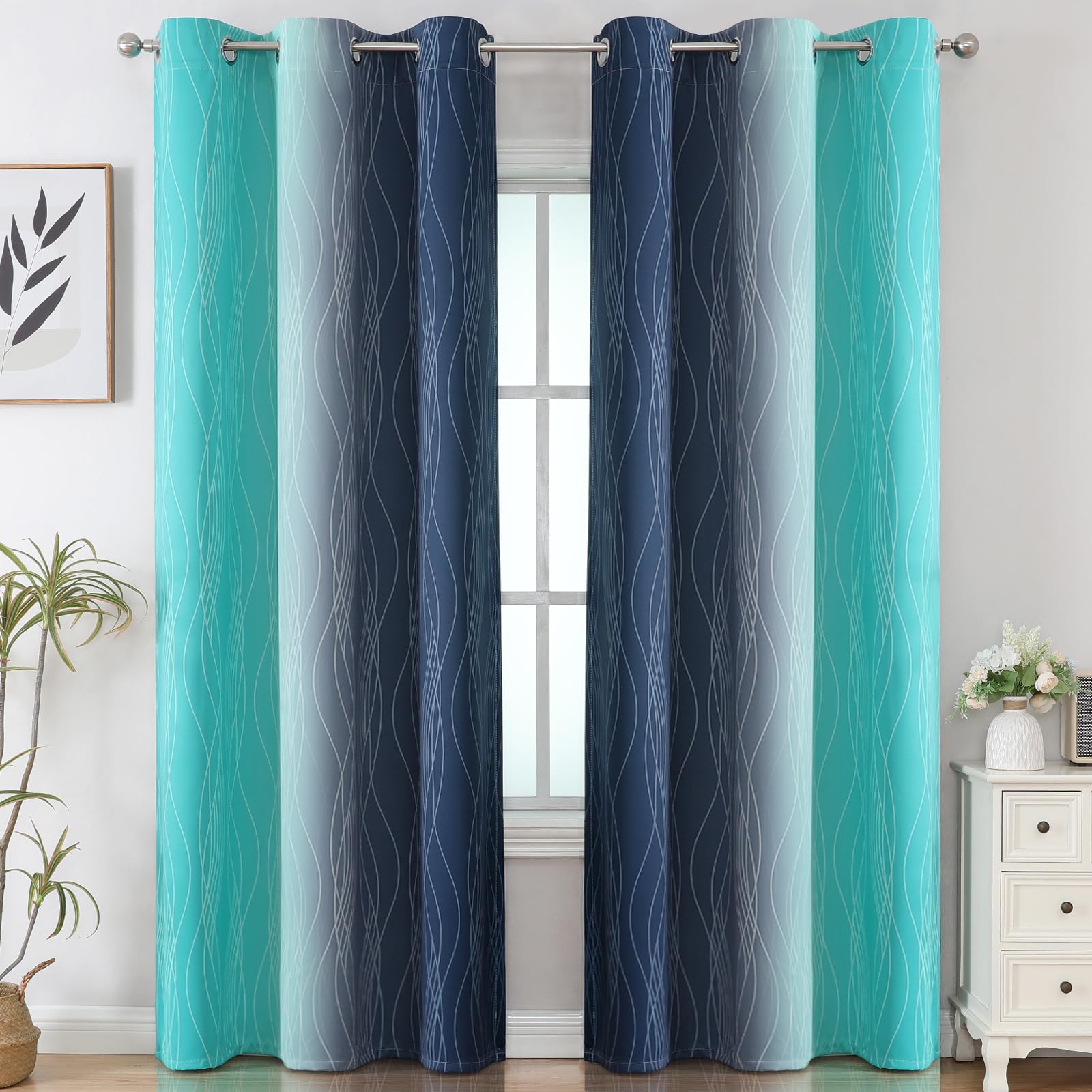 Navy Blue and Teal Gradient Blackout Curtains for Living Room 84 Inch Long