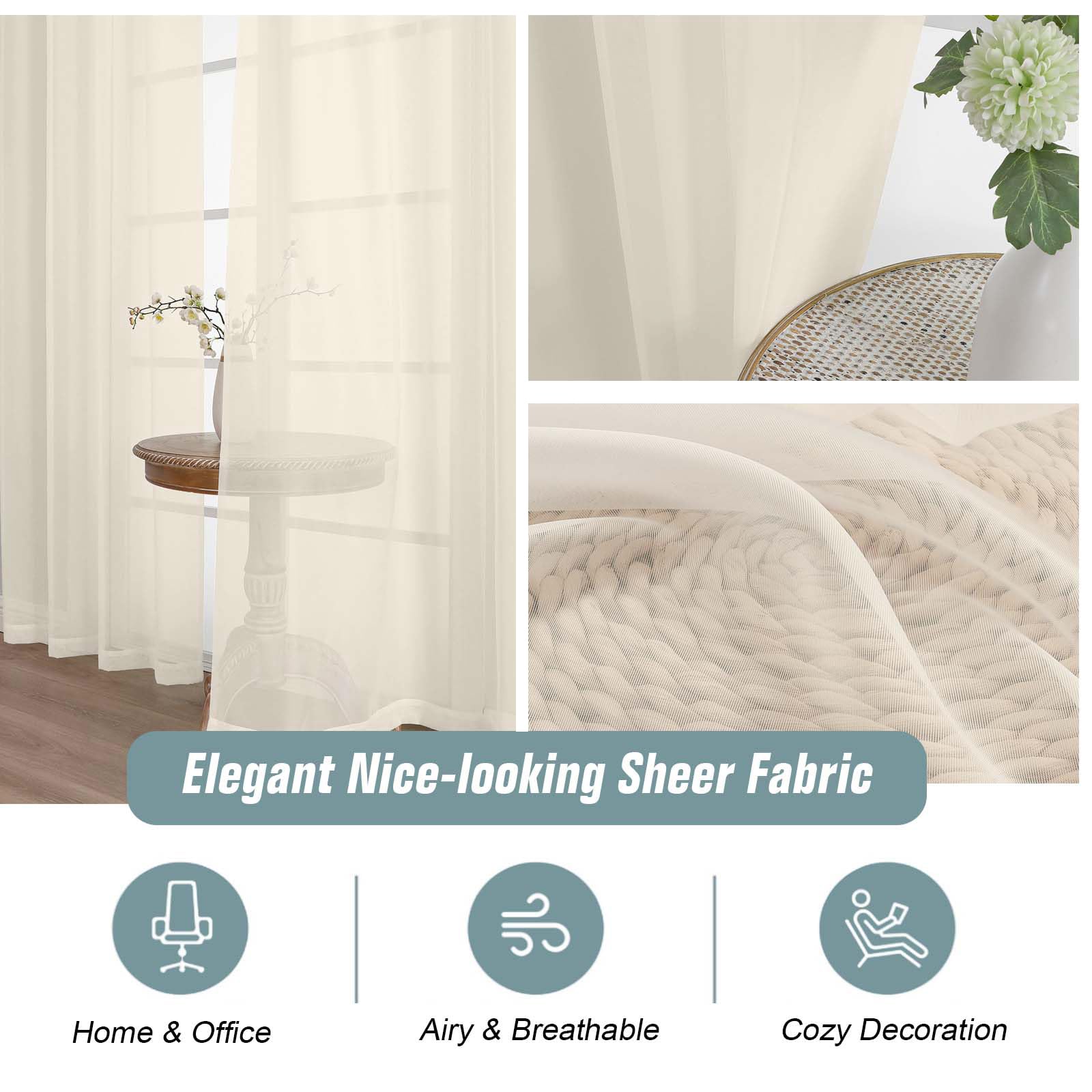 Ebesto Cream Sheer Curtains for Window 96 Inches Long 2 Panels Set, Soft Airy Light Filtering Voile Sheer Curtains for Living Room Bedroom, Dual Rod Pocket Elegant Window Drapes, 2x42Wx96L Inches