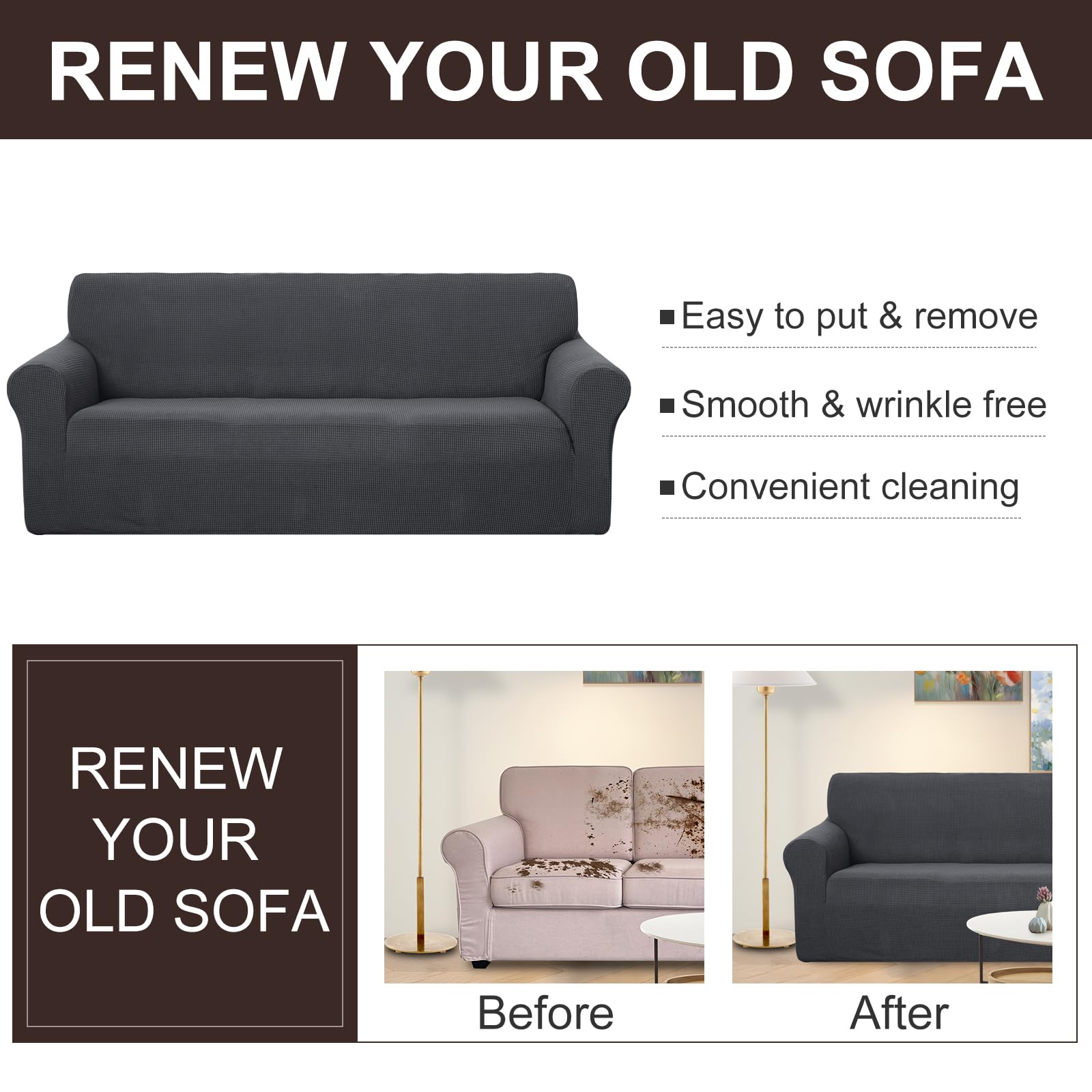 U-NICE HOME Oversized Stretch Couch Cover Slipcover, Dark Grey