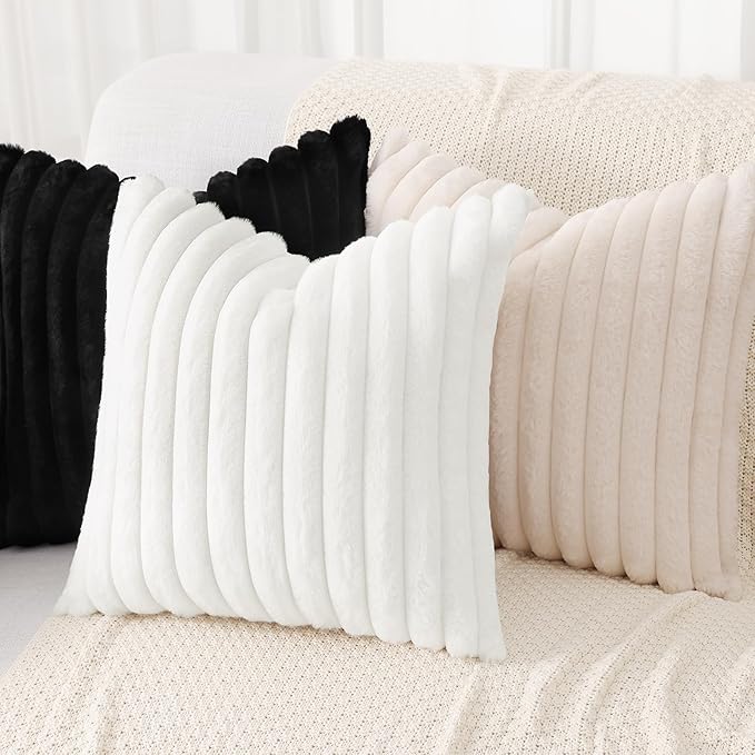 decorUhome Cozy Faux Fur Throw Pillow Covers 18x18 Set of 2 Decorative Soft Plush Striped Modern Farmhouse Boho Couch Pillow Cases with Velvet Back for Sofa Bed Living Room, Black