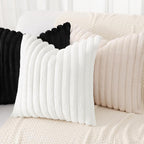 decorUhome Summer Cozy Faux Fur Throw Pillow Covers 18x18 Set of 2 Decorative Soft Plush Striped Modern Farmhouse Boho Couch Pillow Cases with Velvet Back for Sofa Bed Living Room, White