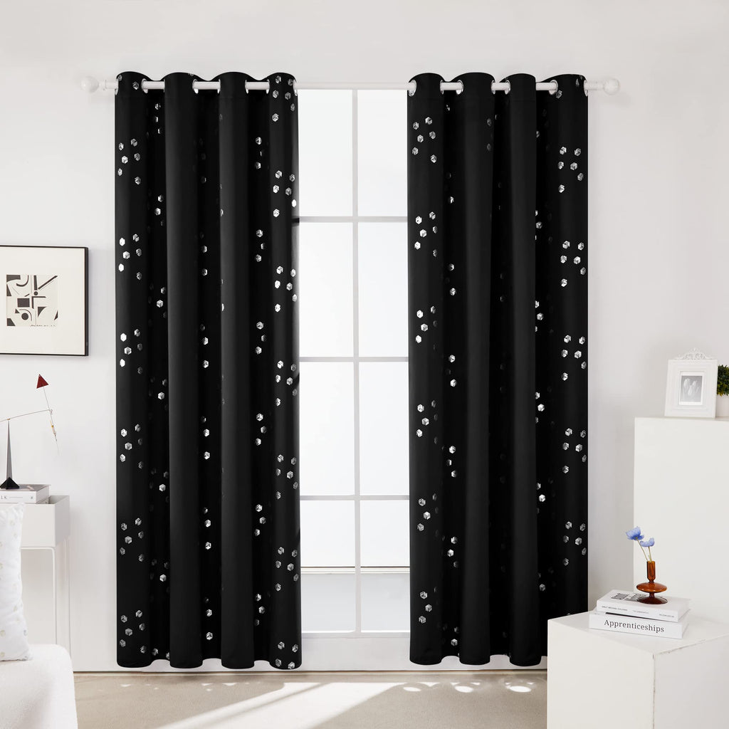 Deconovo Blackout Curtains, Black Thermal Insulated Grommet Drapes, Silver Cubic Foil Print, Energy Saving Curtains, 52" W x 95" L, 2 Panels, for Bedroom Living Room Patio Door