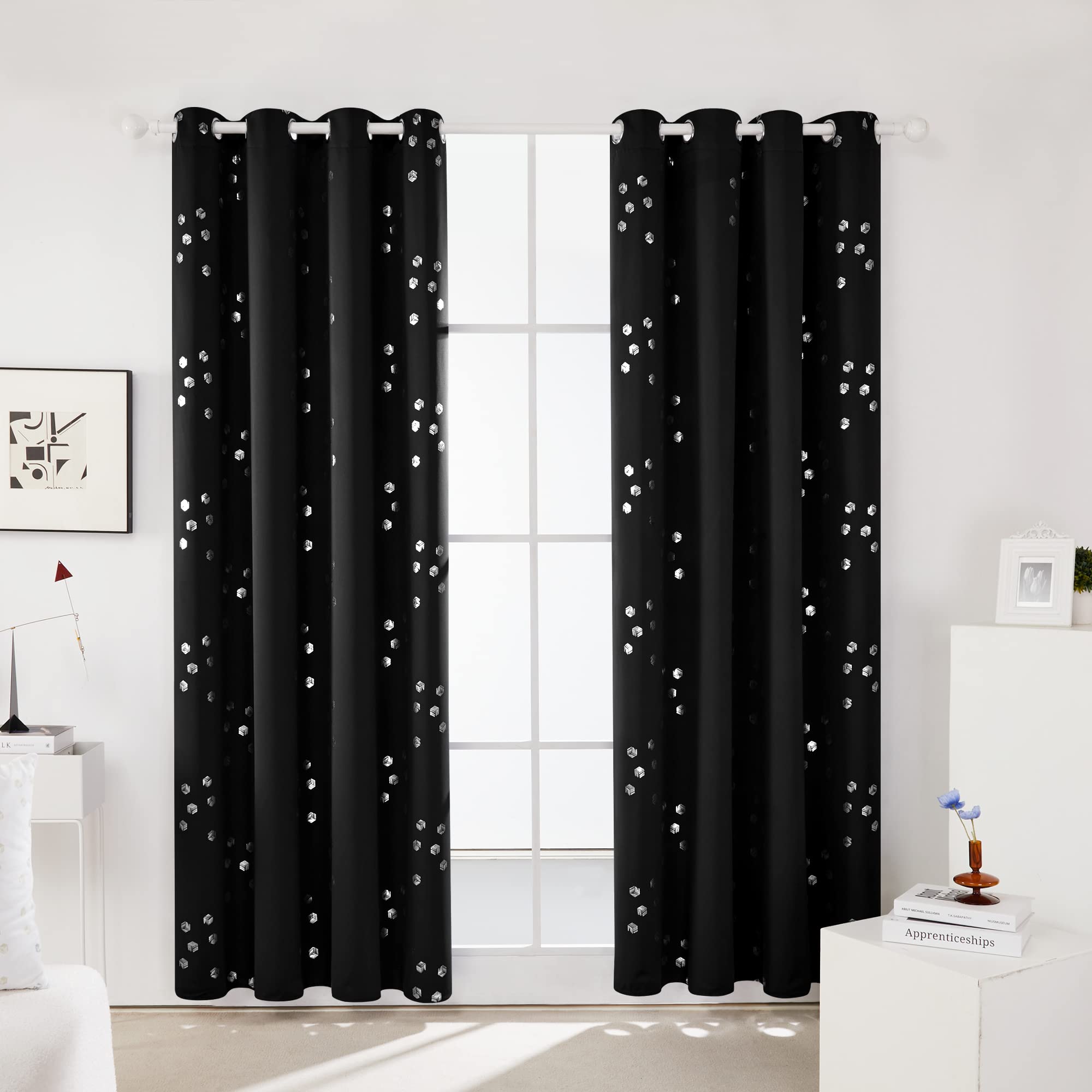 Deconovo Blackout Curtains, Black Thermal Insulated Grommet Drapes, Silver Cubic Foil Print, Energy Saving Curtains, 52" W x 95" L, 2 Panels, for Bedroom Living Room Patio Door